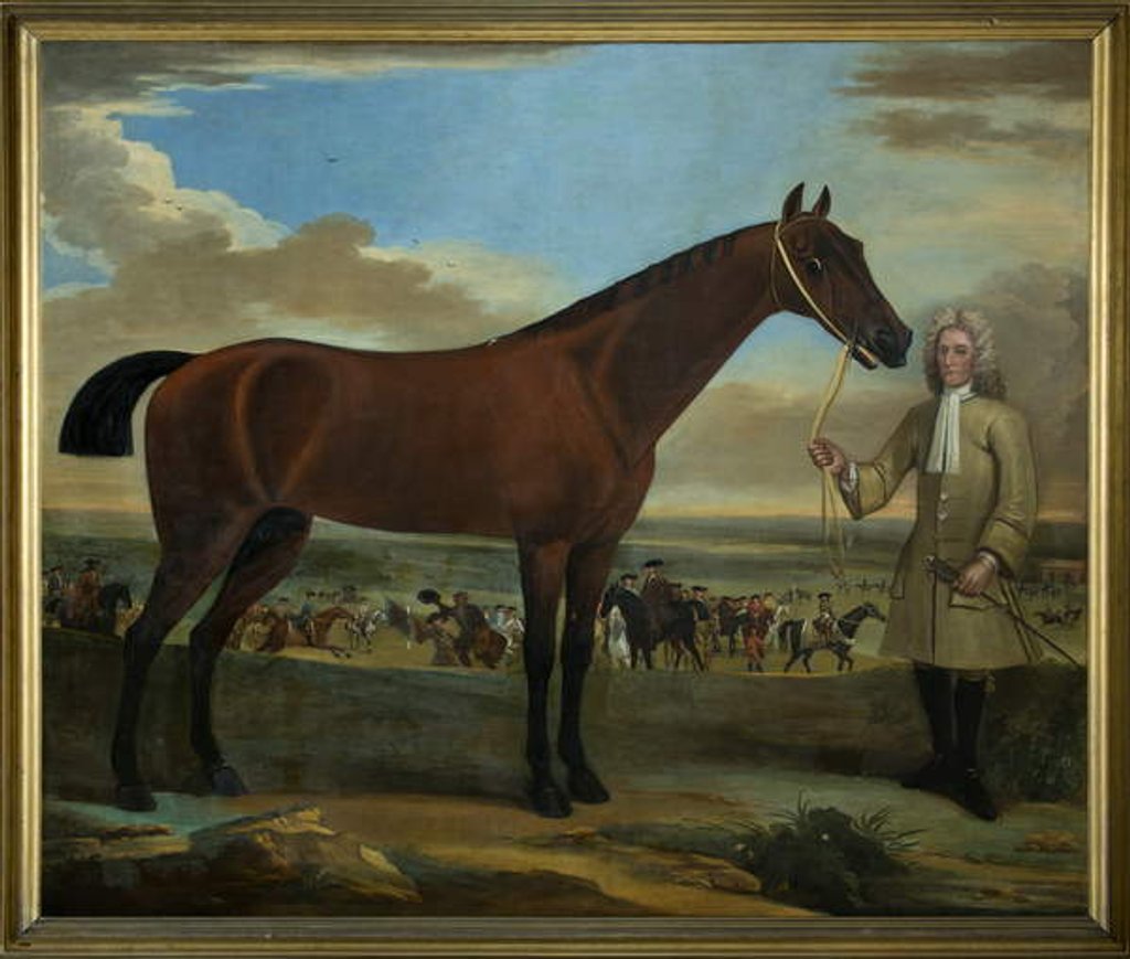 Detail of Scarr, a bay racehorse held by his trainer, A. Scottman, 1714 by John Wootton