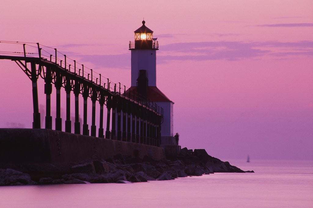 Detail of Michigan City Lighthouse at Sunset by Corbis
