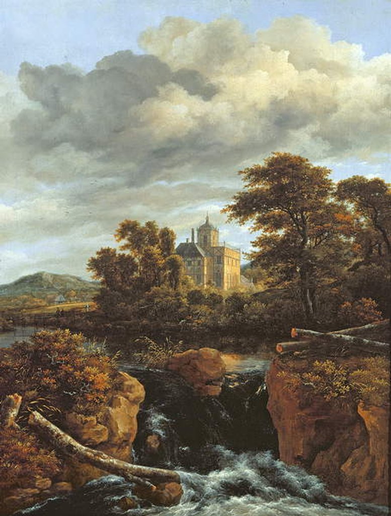Detail of Landscape with a Waterfall and Castle, c.1670 by Jacob Isaaksz. or Isaacksz. van Ruisdael
