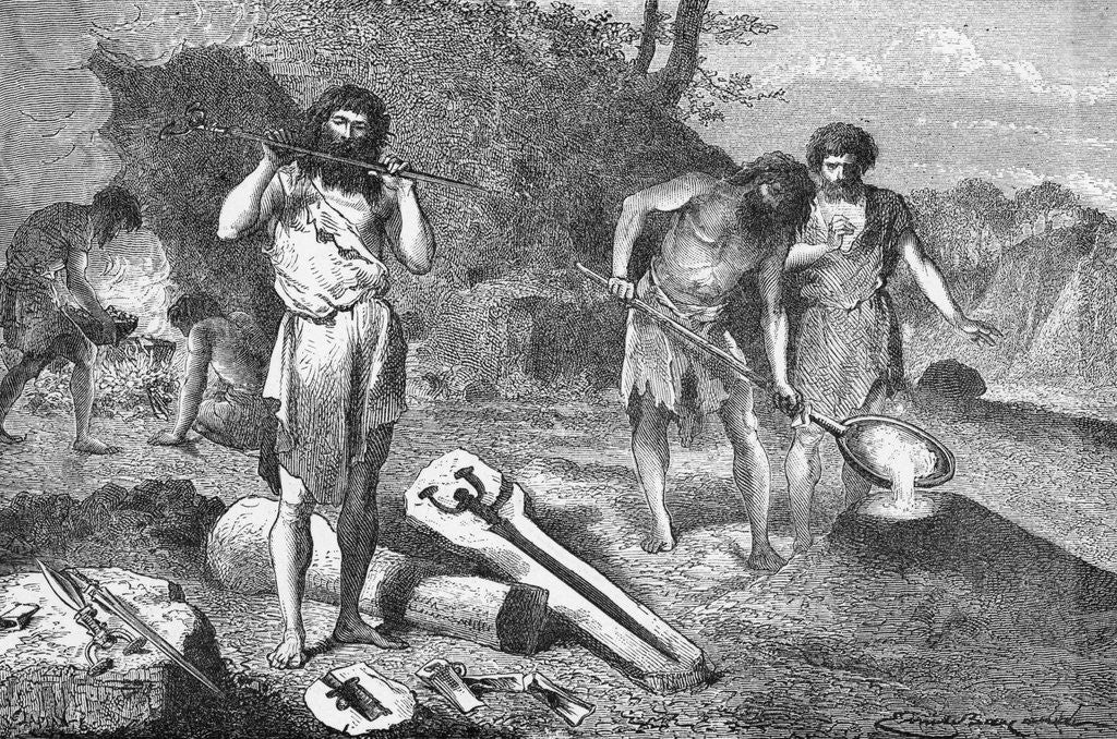 Detail of Woodcut Illustration of Prehistoric Men Casting Swords by Anonymous