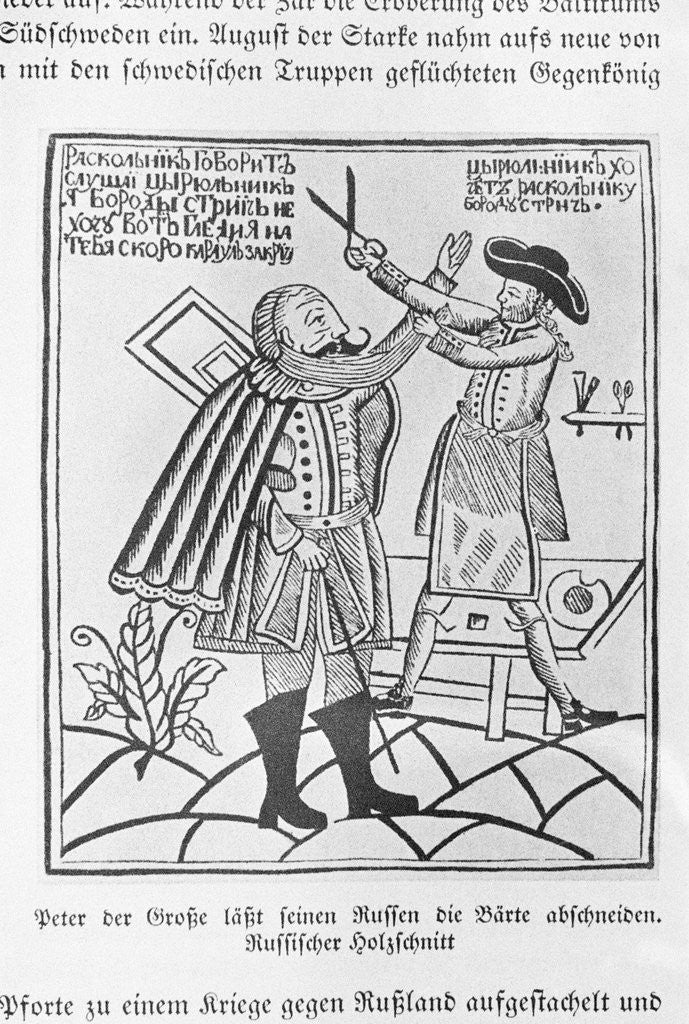 Detail of Woodcut of Peter the Great cutting the beard of a boyar by Anonymous