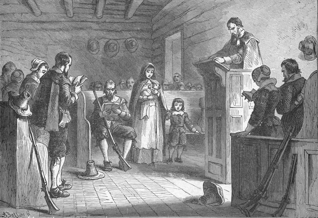 Detail of Print Depicting Public Worship at Plymouth by the Pilgrims by Anonymous