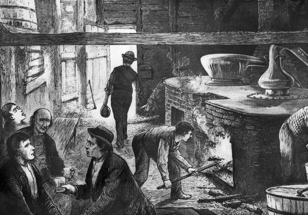 Detail of Making Apple Whiskey at a Still in Rockland County, New York Woodcut by Anonymous