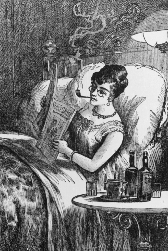 Detail of Woman Smoking Pipe in Bed While Reading Police Gazette by Anonymous