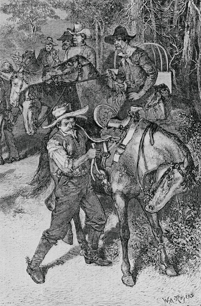 Detail of Cowboys Saddling Horses by Anonymous
