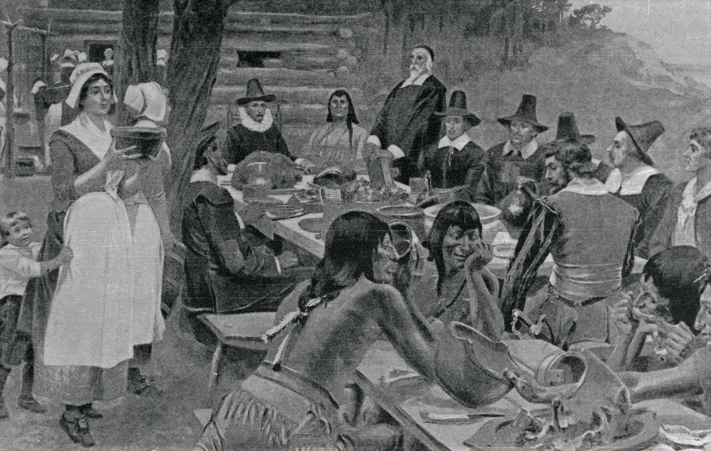 Detail of Pilgrims and Indians at First Thanksgiving Dinner by Anonymous