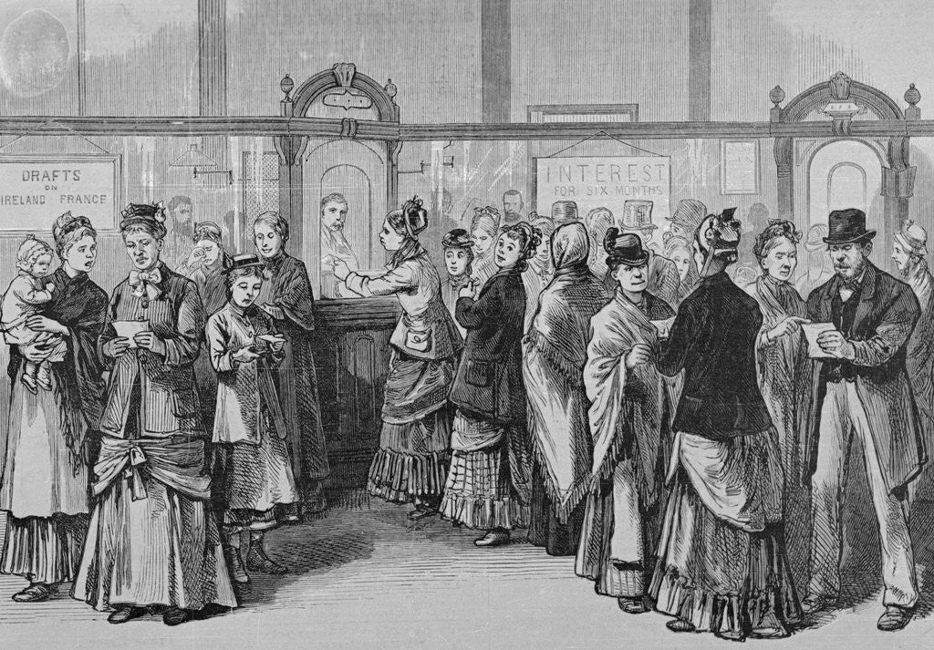 Detail of Customers Waiting on Line Inside Bank by Anonymous