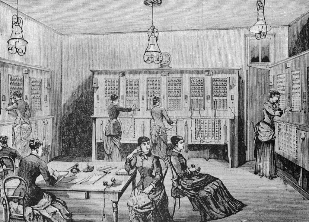 Detail of Woodcut Depiction of Early Telephone Room by Anonymous