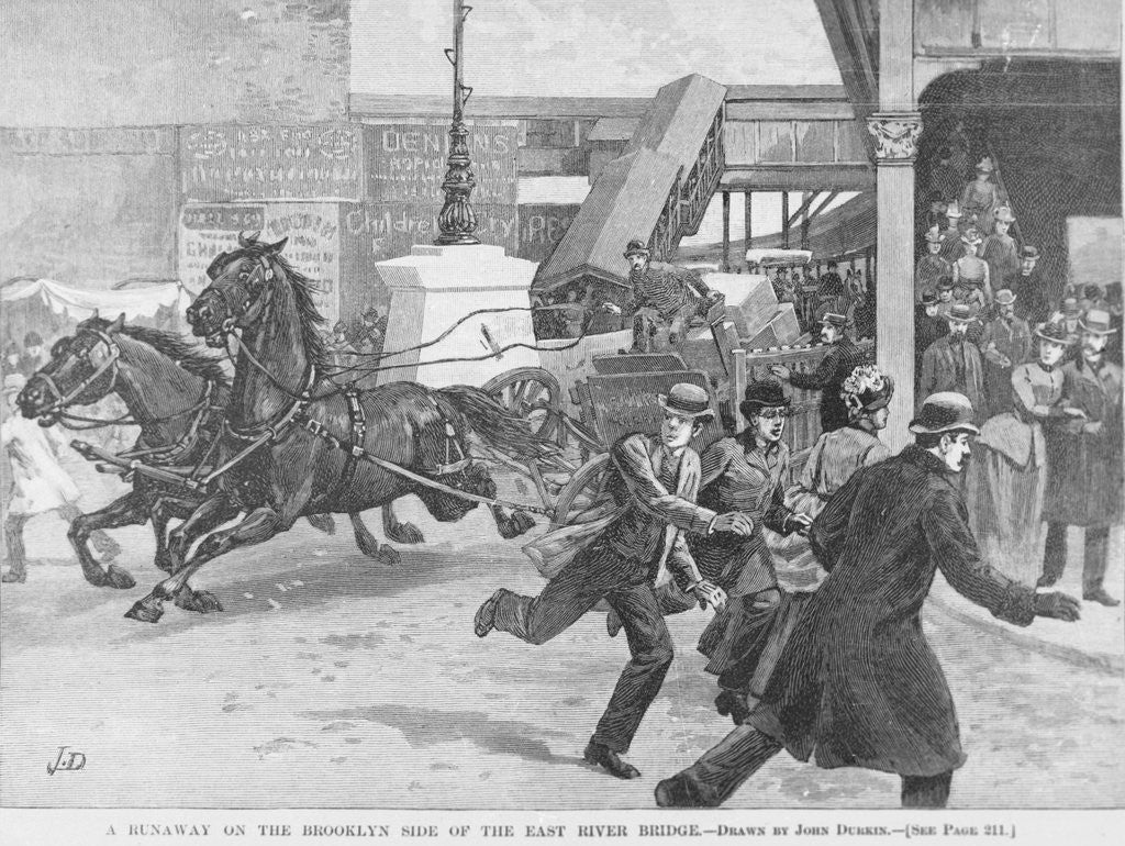 Detail of Citizens Escaping the Path of Runaway Horse Pulling Wagon by Corbis
