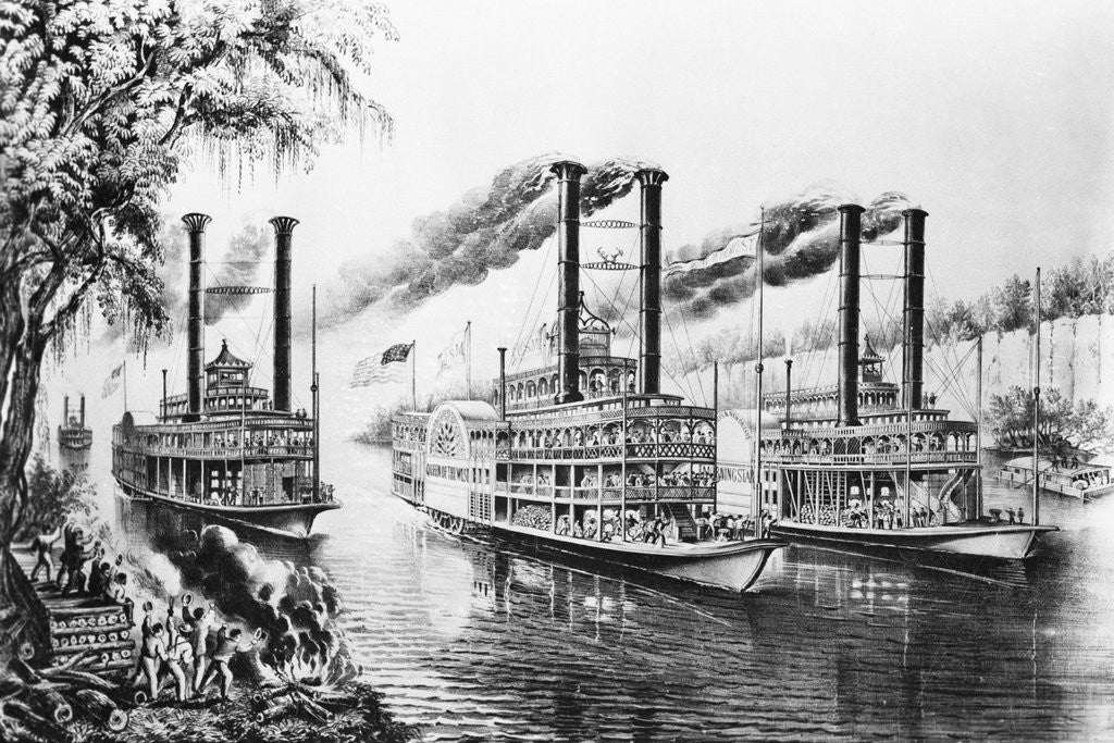Detail of Steamboats Docking on Shore by Anonymous