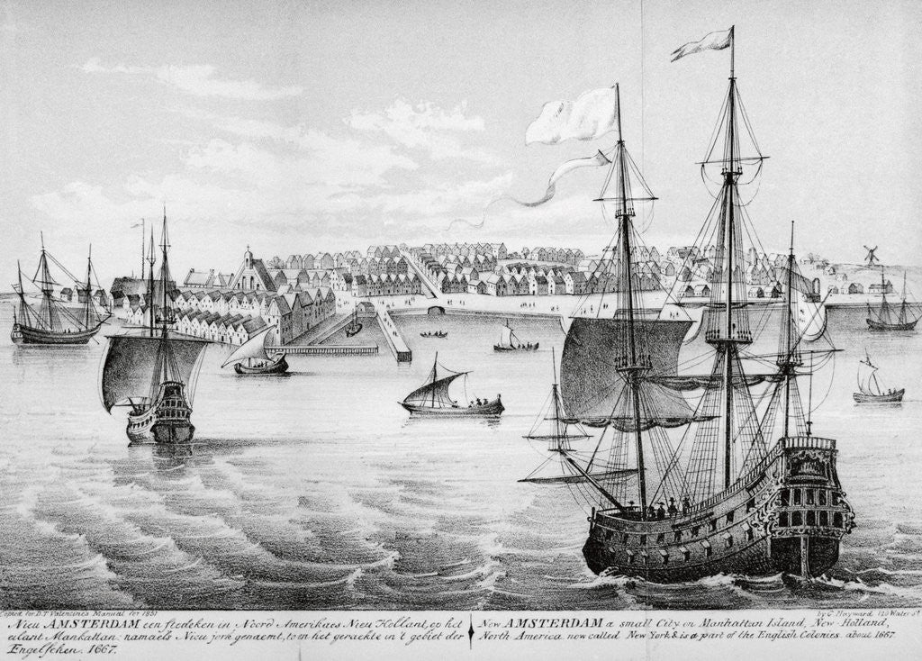 Detail of New Amsterdam, a Small City on Manhattan Island Lithograph by Anonymous