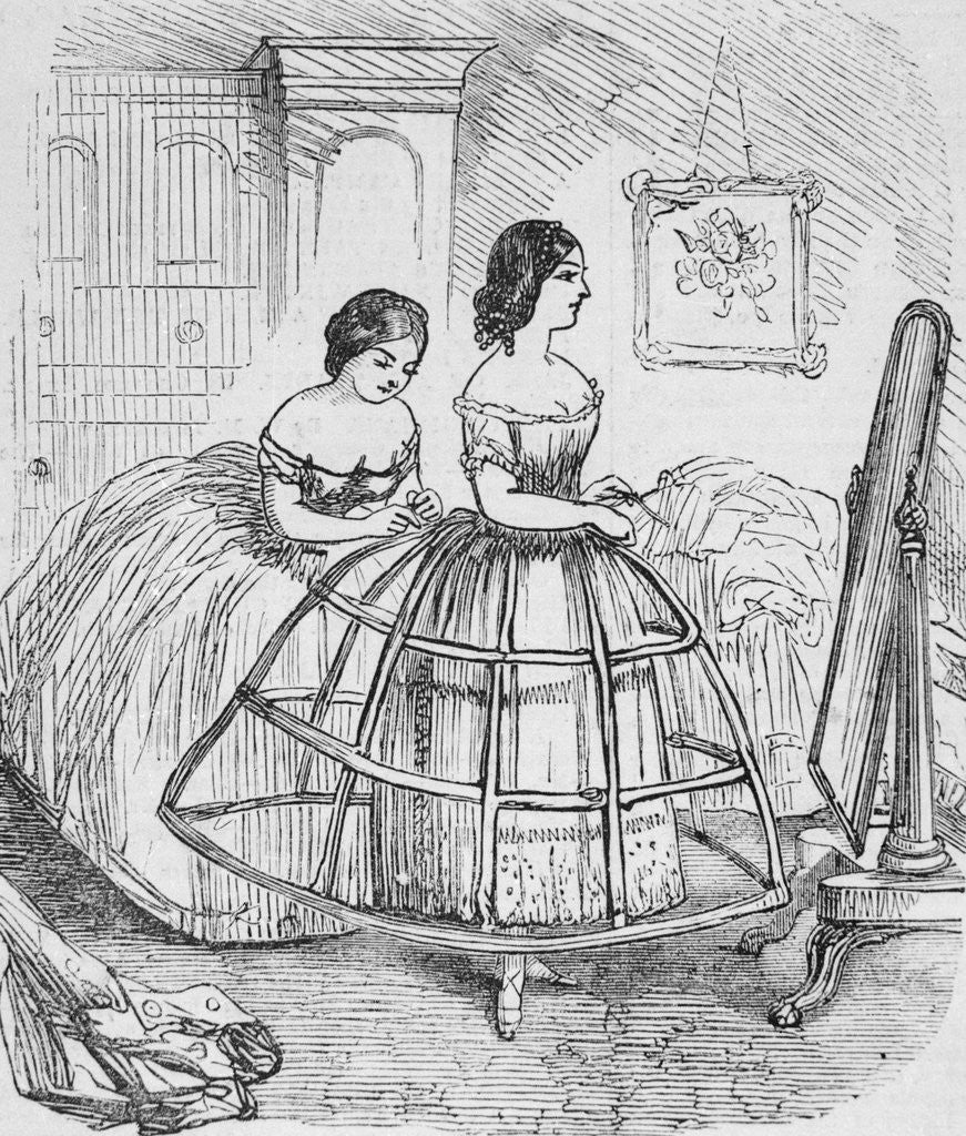 Detail of Woman Adjusting Hoop Skirt by Anonymous