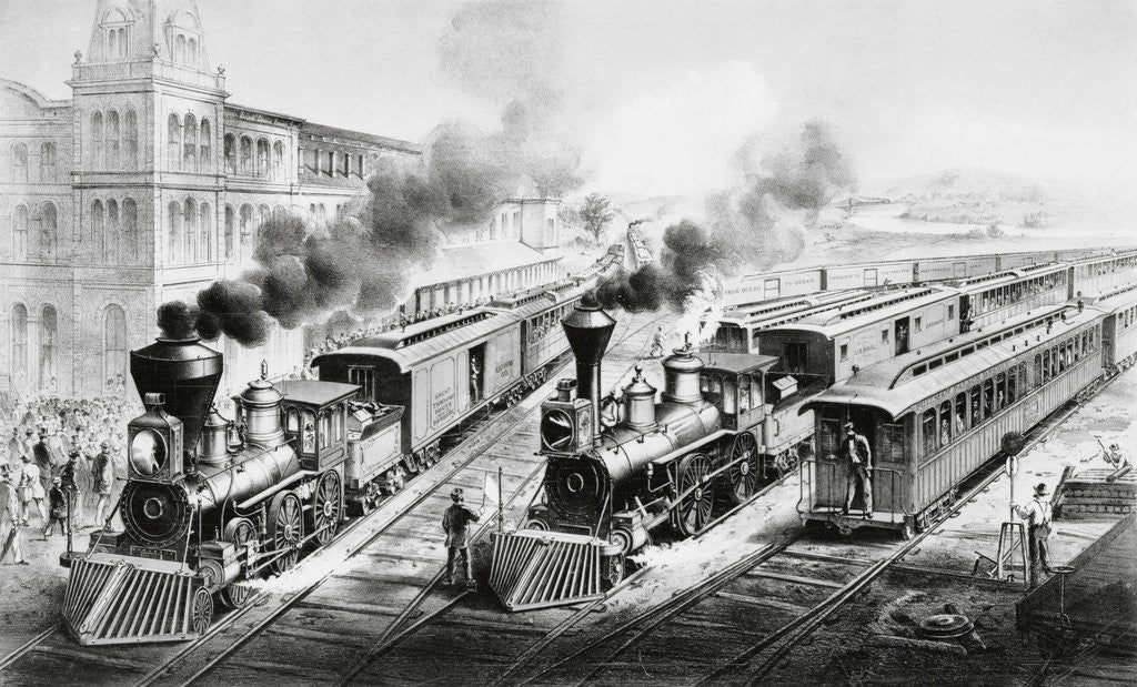 Detail of American Railroad Scene: Lightning Express Trains Leaving the Junction by Currier & Ives