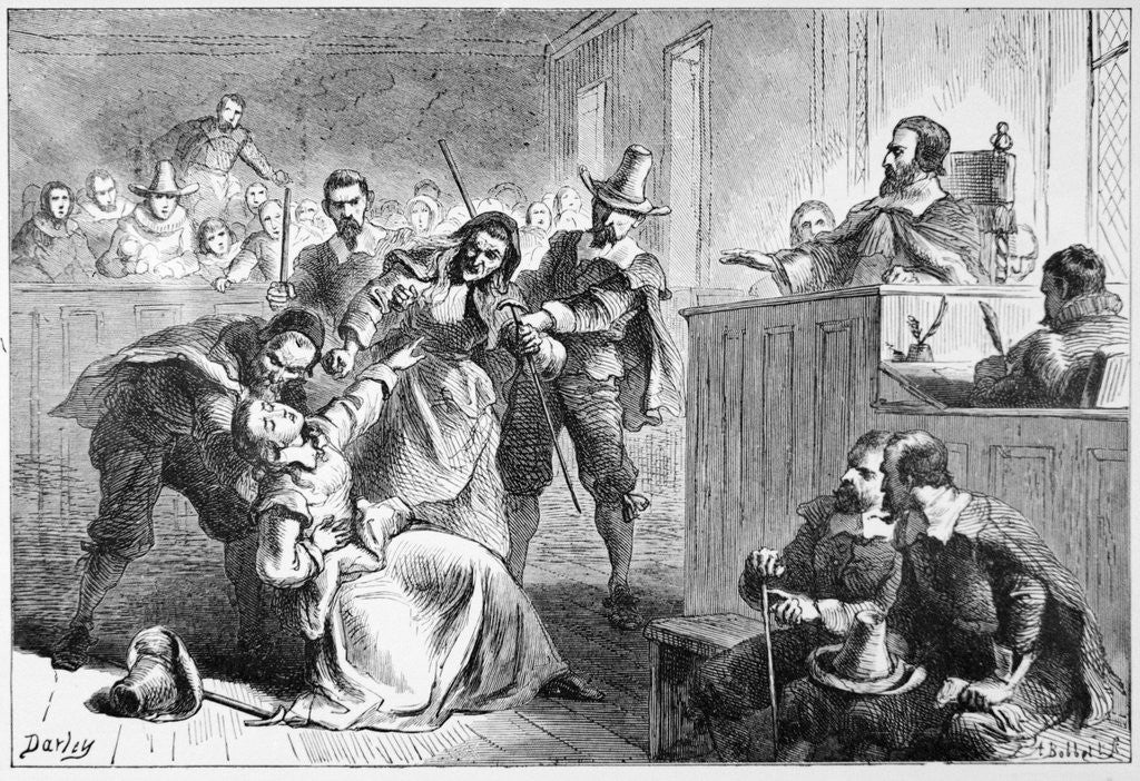 Detail of Engraving of a Suspect Fainting Before Judge During Witch Hunt Trial by Darley
