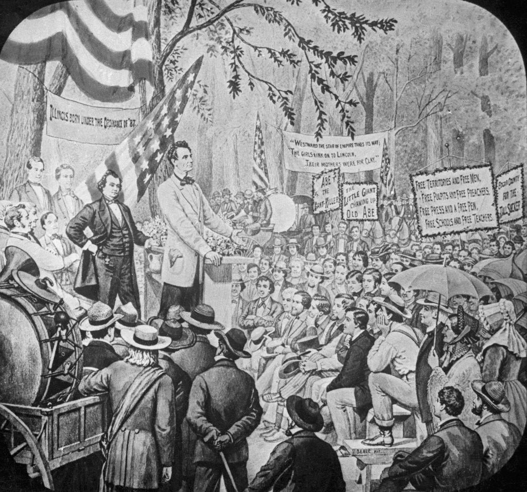 Detail of Old Lantern Slide of Abe Lincoln Speaking on Podium by Corbis