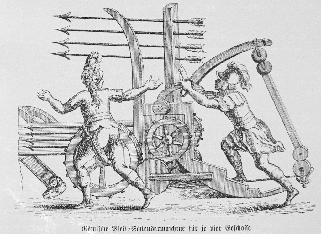 Detail of Roman Soldiers Preparing War Machine to Launch Arrows by Anonymous