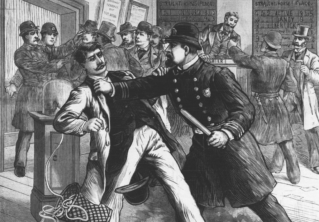 Detail of Woodcut Print of Police Raiding Bookie Room by Anonymous