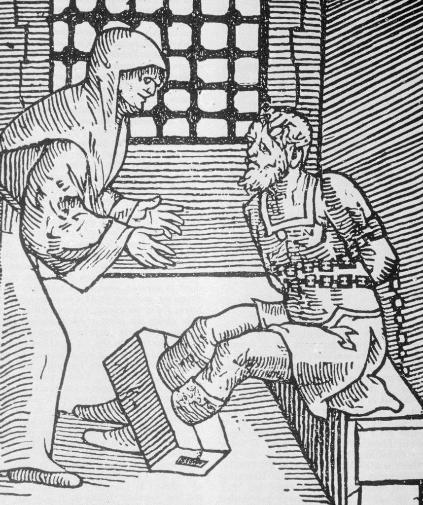 Detail of Restrained Prisoner Being Visited in Cell by Anonymous