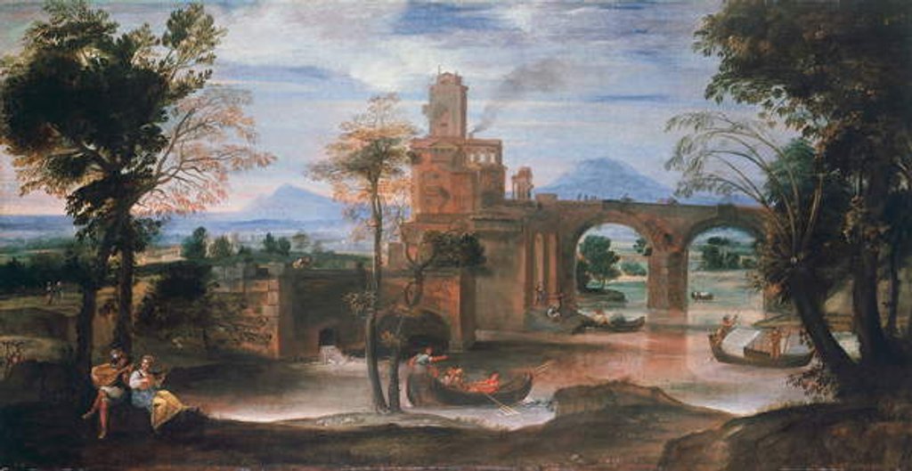Detail of River landscape with castle and bridge, c.1598 by Annibale Carracci