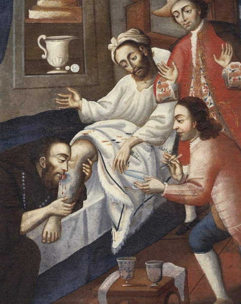 Detail of Religious men treating a patient at St. Andrew Hospital, Cuzco by Marcos Zapata
