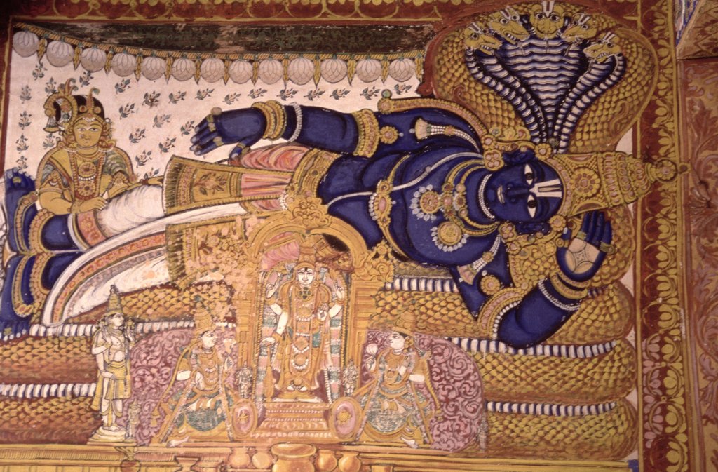 Detail of Wall Painting of the God Vishnu Resting on a Snake by School Indian