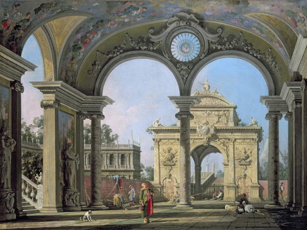 Detail of Capriccio of a triumphal arch seen through an ornate archway, c.1750 by Canaletto