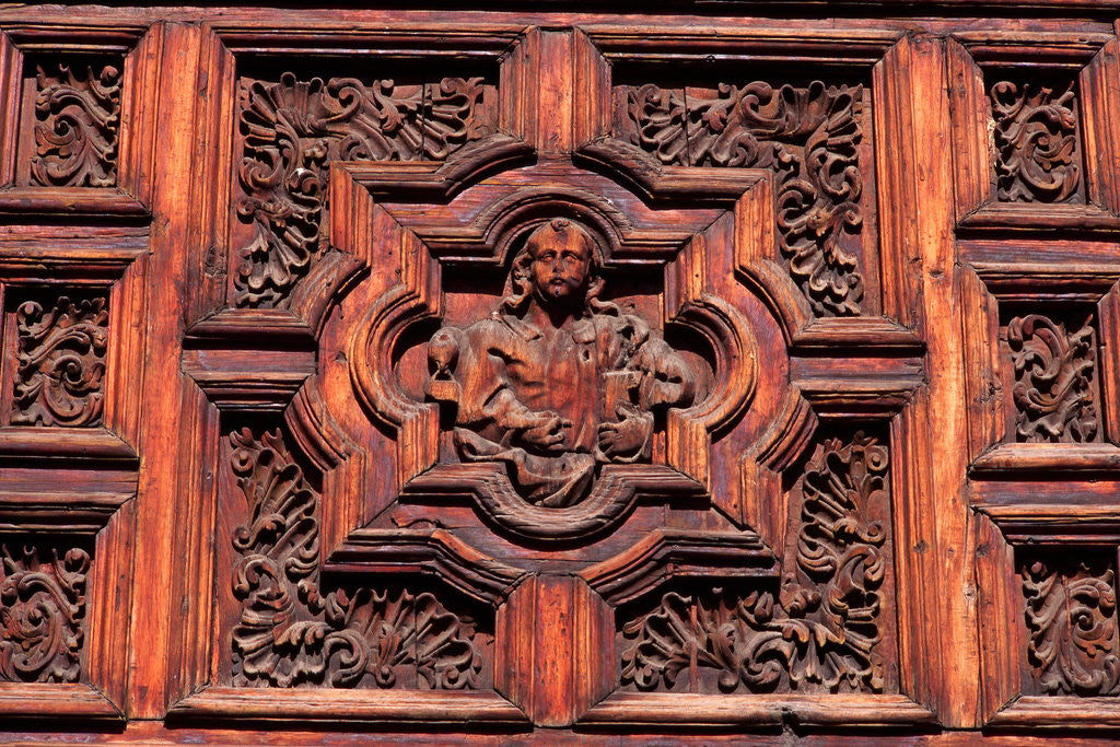 Detail of Carved Door Panel at Church of San Juan de Dios by Corbis