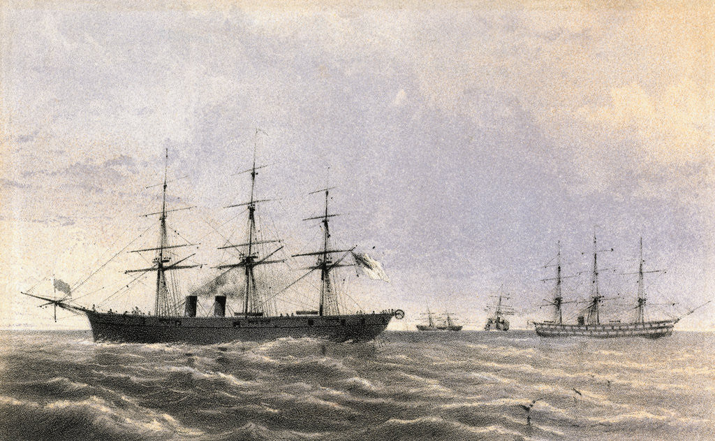 Detail of Ships Laying Cable in the Ocean by Anonymous
