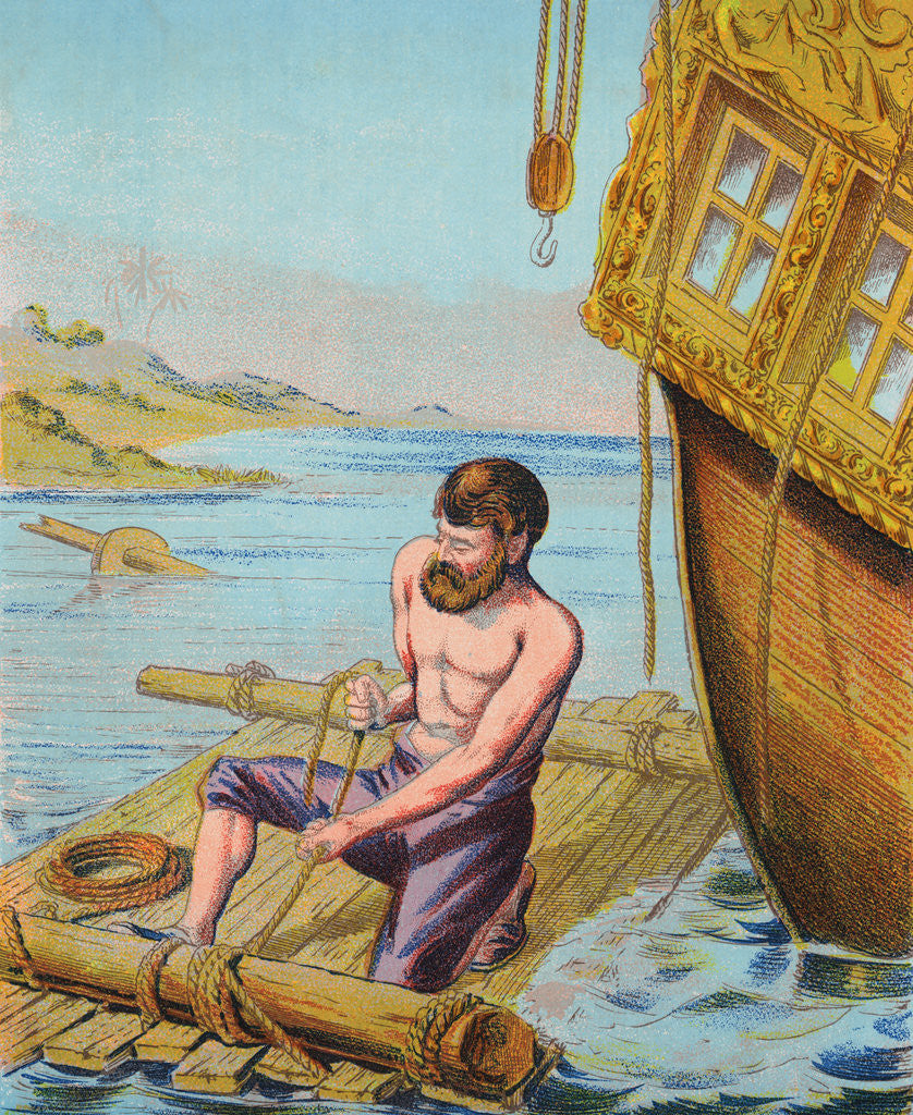 Detail of Book Illustration of Robinson Crusoe Tying Together a Raft by Anonymous