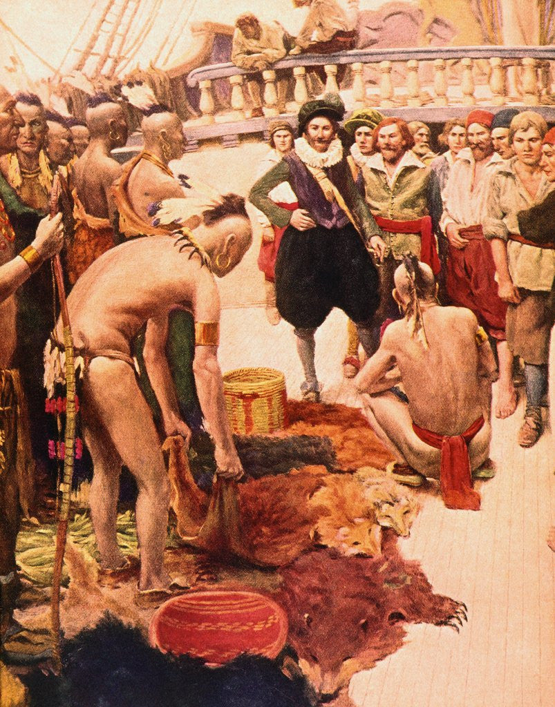 Detail of Illustration of Henry Hudson Trading Furs with Native Americans by Corbis
