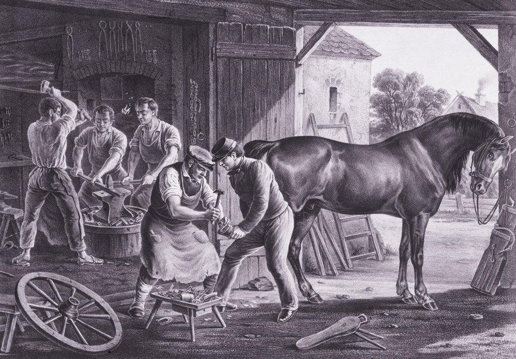 Detail of Workers in Interior of Blacksmith Shop by Anonymous