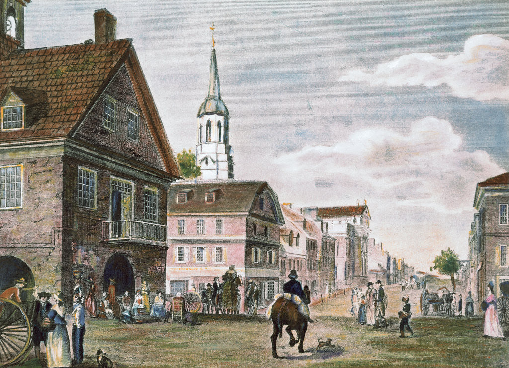 Detail of Church and Travelers in Street Scene of Early Philadelphia by Anonymous