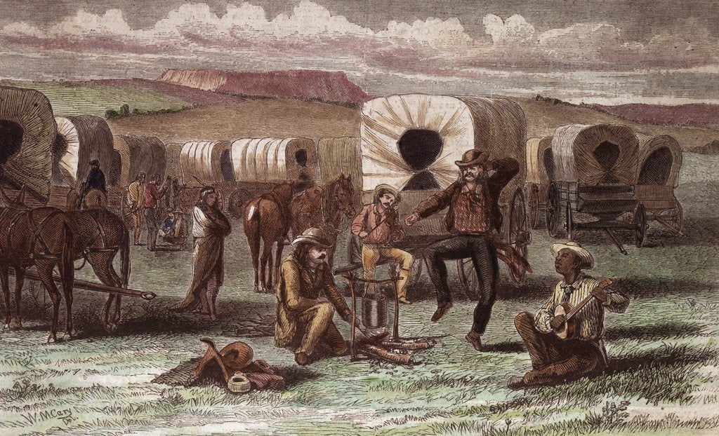 Detail of Wagon Train Camp Enjoying Banjo Playing by Anonymous