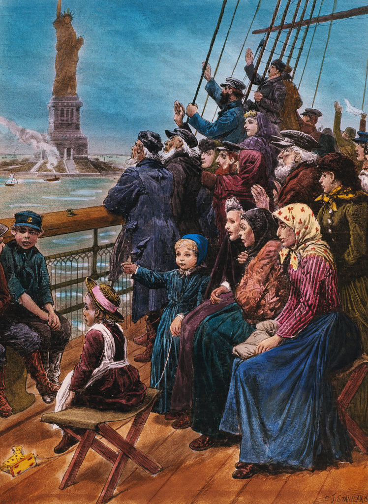 Detail of Jewish Immigrants on Ship near Statue of Liberty by Anonymous