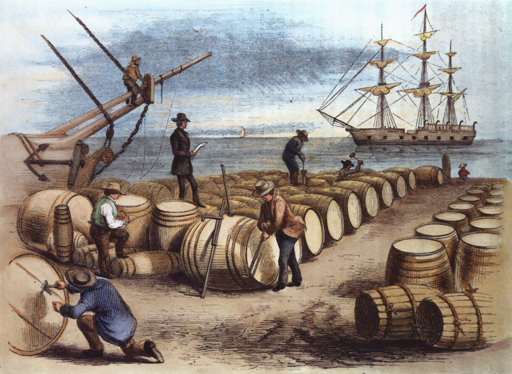 Detail of Color Print of Wharf Workers Measuring Whale Oil Content in Barrels by Anonymous