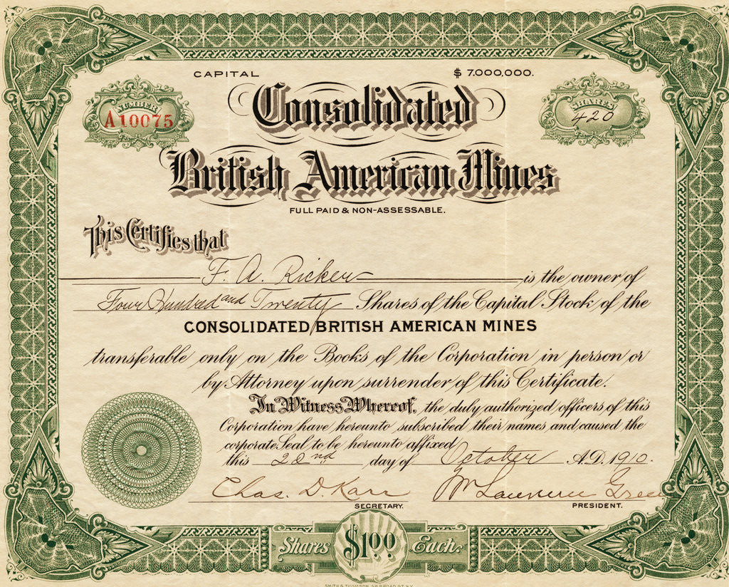 Detail of British American Mines Certificate by Anonymous