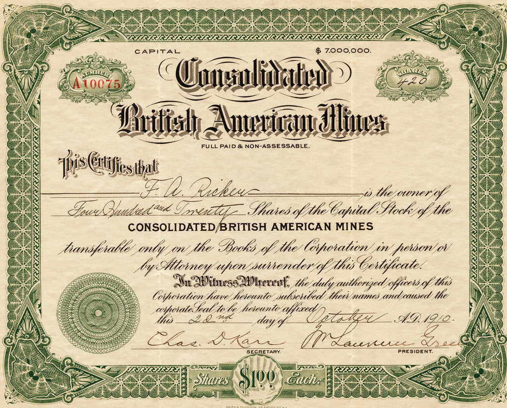 Detail of British American Mines Certificate by Corbis