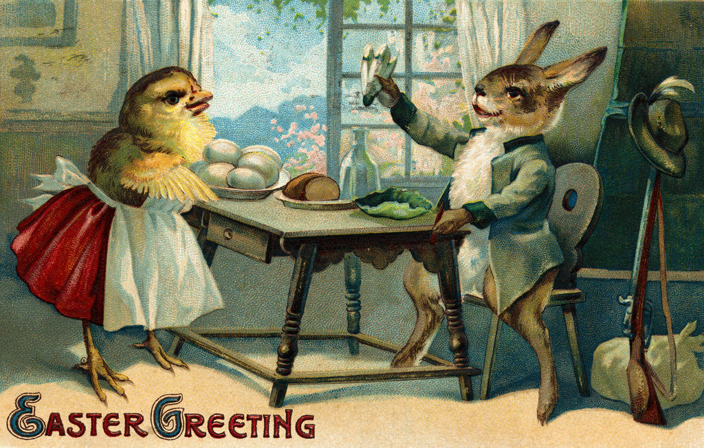 Detail of Easter Greeting Postcard Depicting a Rabbit and a Chick by Corbis