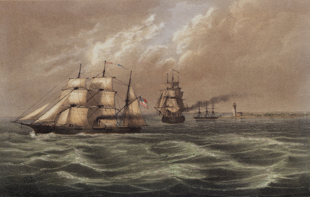 Depiction of Military Vessels Offshore near Lighthouse by Corbis