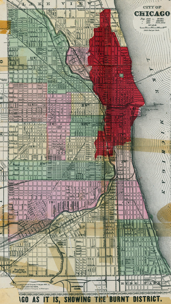 Detail of Chicago City Map Showing Section of Terrible Fire by Corbis