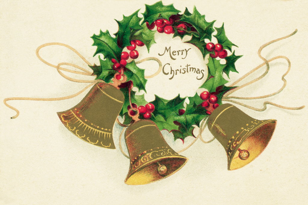 Detail of Christmas Card with Wreath of Holly and a Trio of Bells by Anonymous