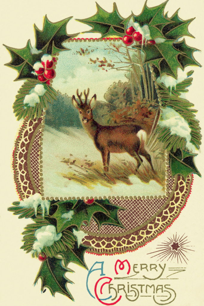 Detail of Christmas Card with Deer and Holly by Corbis