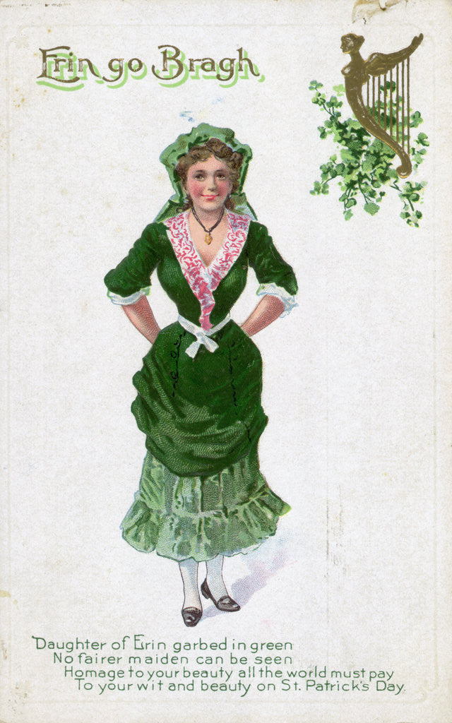 Detail of Irish Woman Dressed In Green On Card by Anonymous