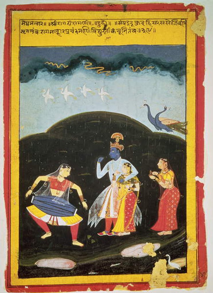 Detail of Krishna and Radha in the rain with two musicians, Rajasthan by Indian School