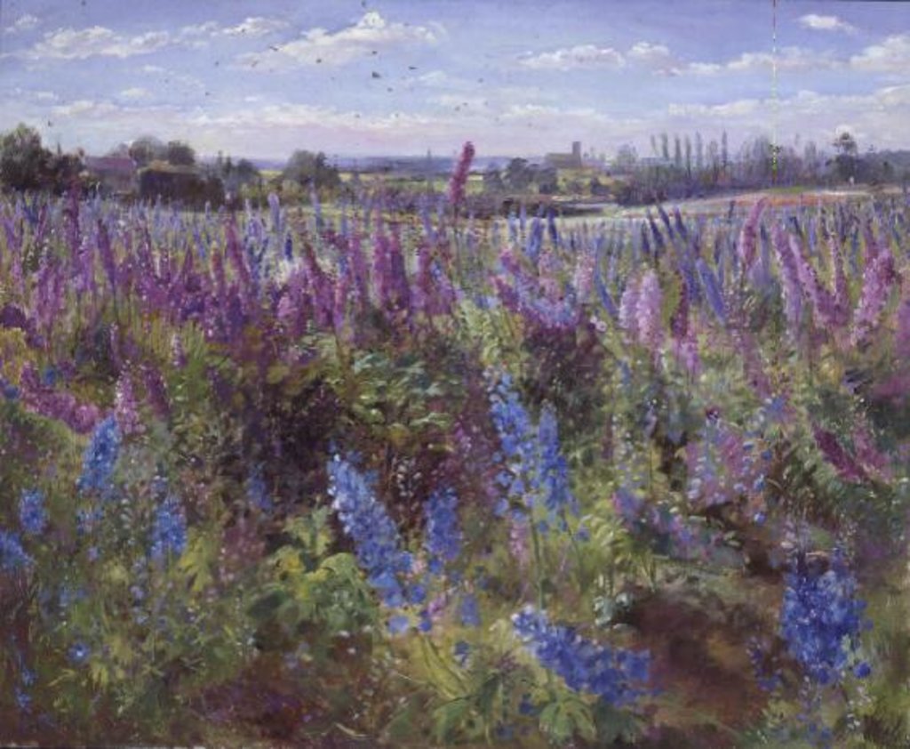 Detail of Delphinium Field and Church by Timothy Easton