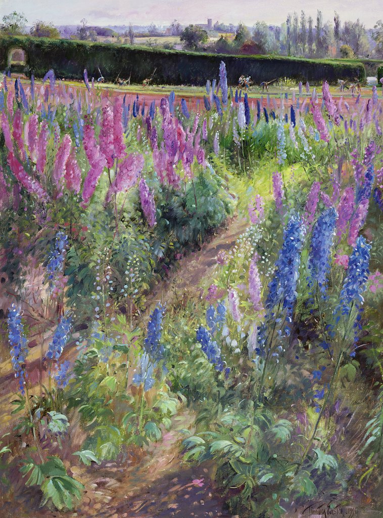 Detail of Delphiniums and Hoers, 1991 by Timothy Easton