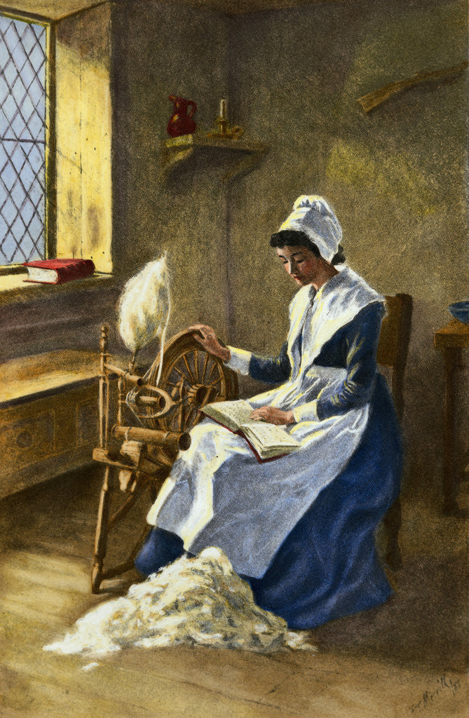 Detail of Woman Reading While Spinning at Wheel by Corbis
