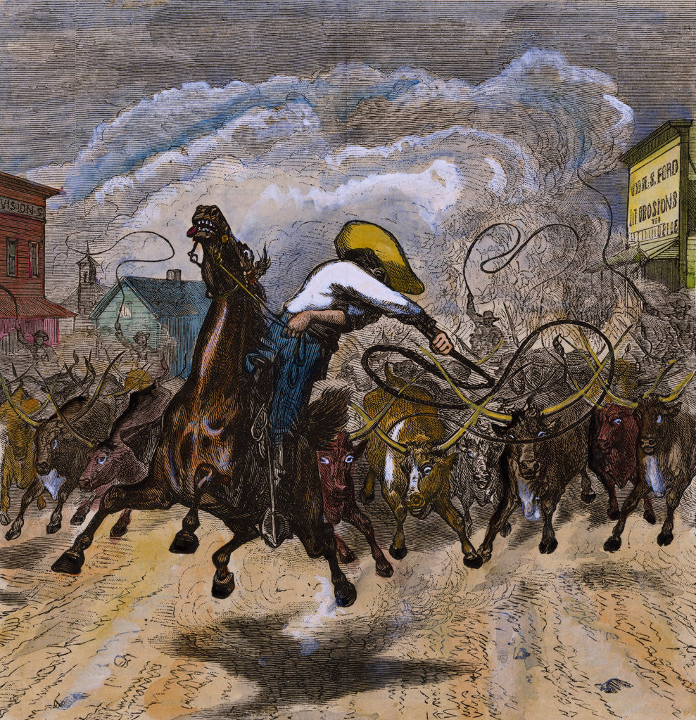 Detail of Cowboy Lassoing Renegade Oxen by Anonymous