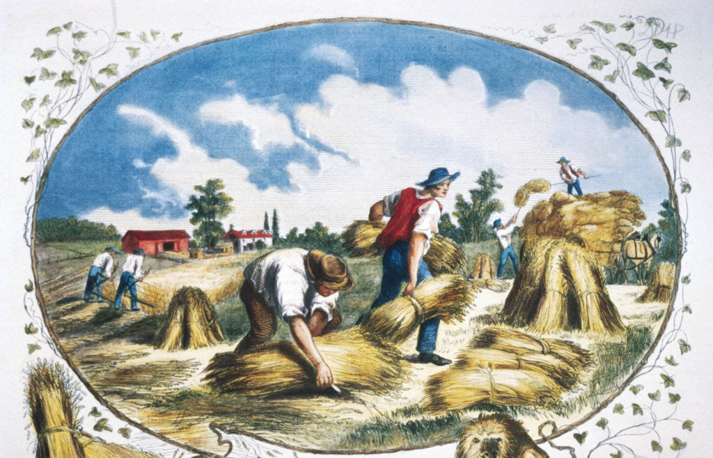 Detail of 19th-Century Print of Farmers Harvesting Crops by Corbis