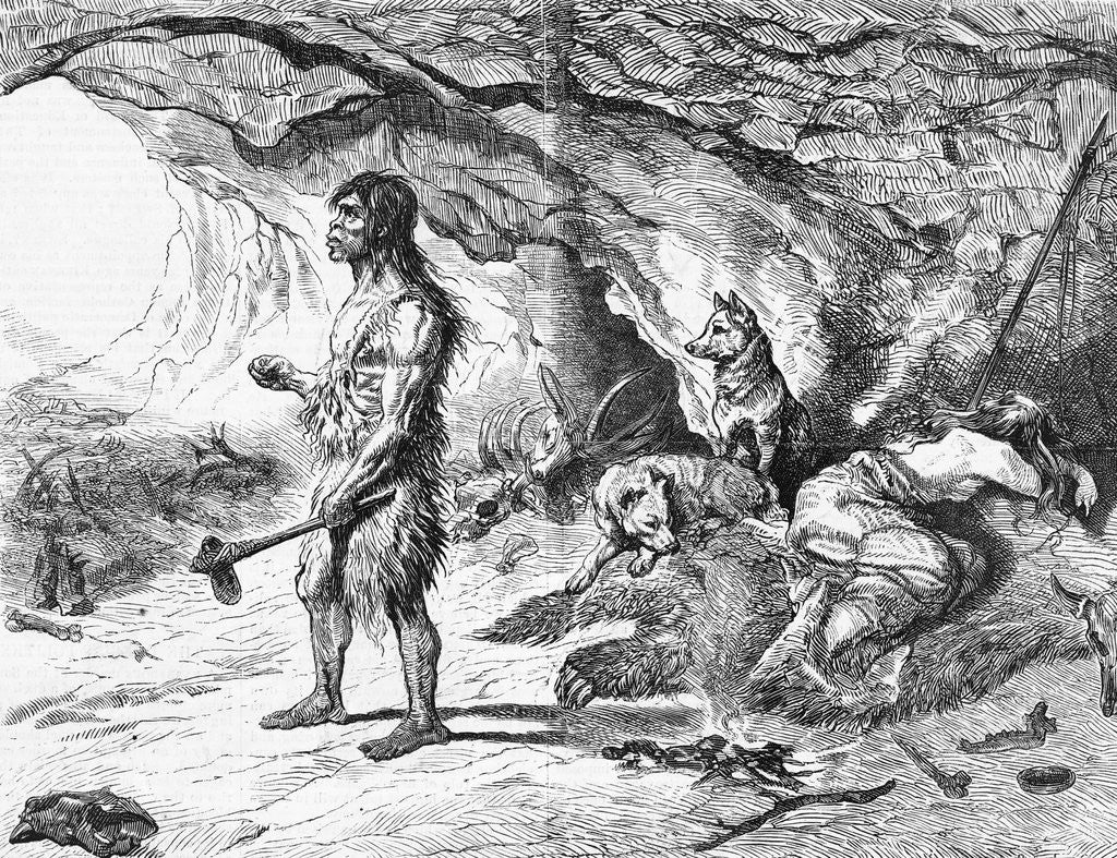 Detail of Illustration of Cave Dwellers Outside Their Cave with Dogs by Anonymous